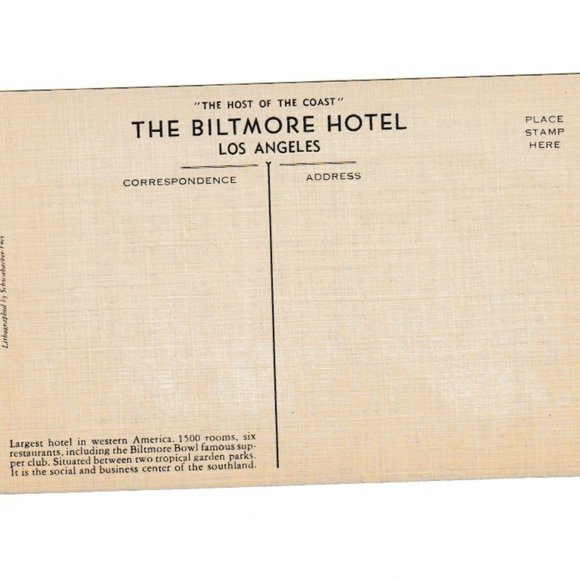 1930-40s Vintage Linen Lithograph Post Card The Biltmore Hotel Los Angeles Ca. - Picture 2 of 2